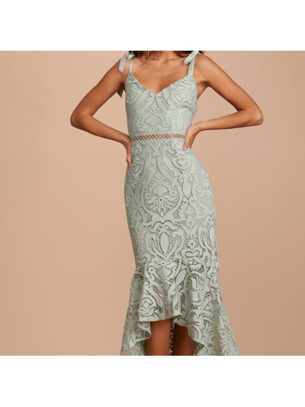 Sleeveless Sage Lace Midi Dress with Ruffle Hem